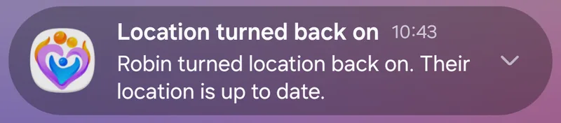 Notification : Robin a réactivé la localisation, sa position est à jour